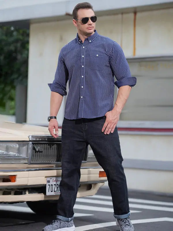 New Plus Size Men's Striped Long Sleeve Shirt - Ladoj