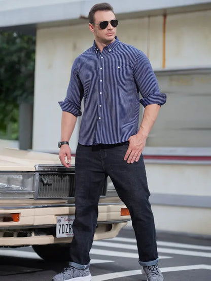 New Plus Size Men's Striped Long Sleeve Shirt - Ladoj