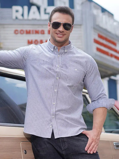 New Plus Size Men's Striped Long Sleeve Shirt - Ladoj