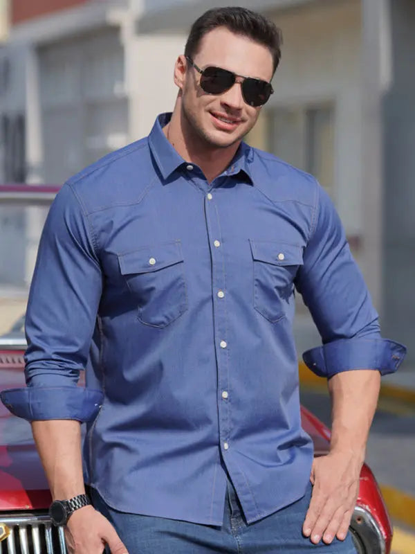 Plus Size Men's Stretch Denim Long Sleeve Multi Pocket Shirt - Ladoj