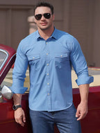 Plus Size Men's Stretch Denim Long Sleeve Multi Pocket Shirt - Ladoj
