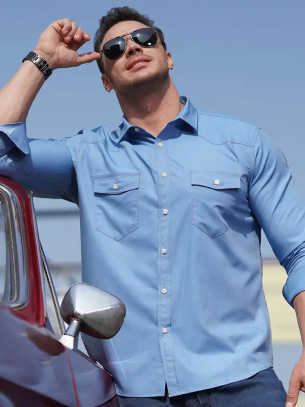 Chemise en denim extensible à manches longues et poches multiples pour homme, grande taille  Image secondaire du produit