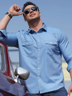 Plus Size Men's Stretch Denim Long Sleeve Multi Pocket Shirt - Ladoj