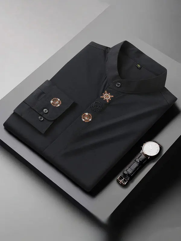 Men's elastic loose casual solid color embroidery long-sleeved shirt - Ladoj