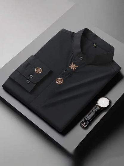 Men's elastic loose casual solid color embroidery long-sleeved shirt - Ladoj