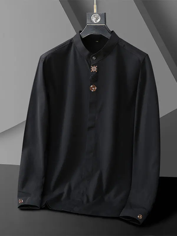 Men's elastic loose casual solid color embroidery long-sleeved shirt - Ladoj