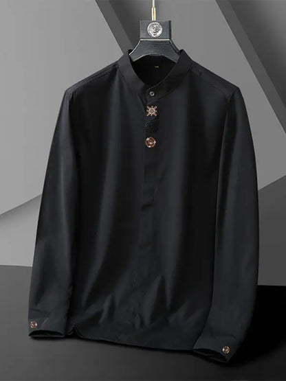 Men's elastic loose casual solid color embroidery long-sleeved shirt - Ladoj