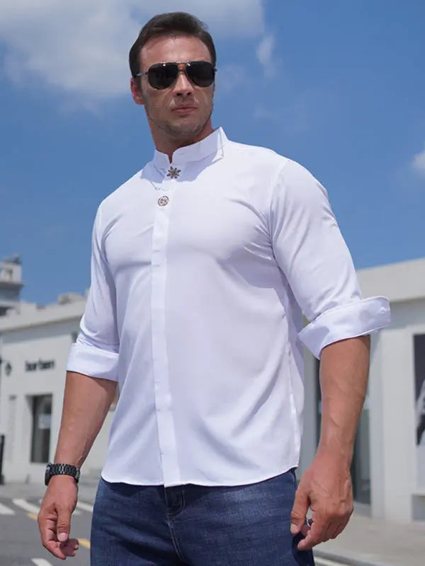 Men's elastic loose casual solid color embroidery long-sleeved shirt - Ladoj Main image