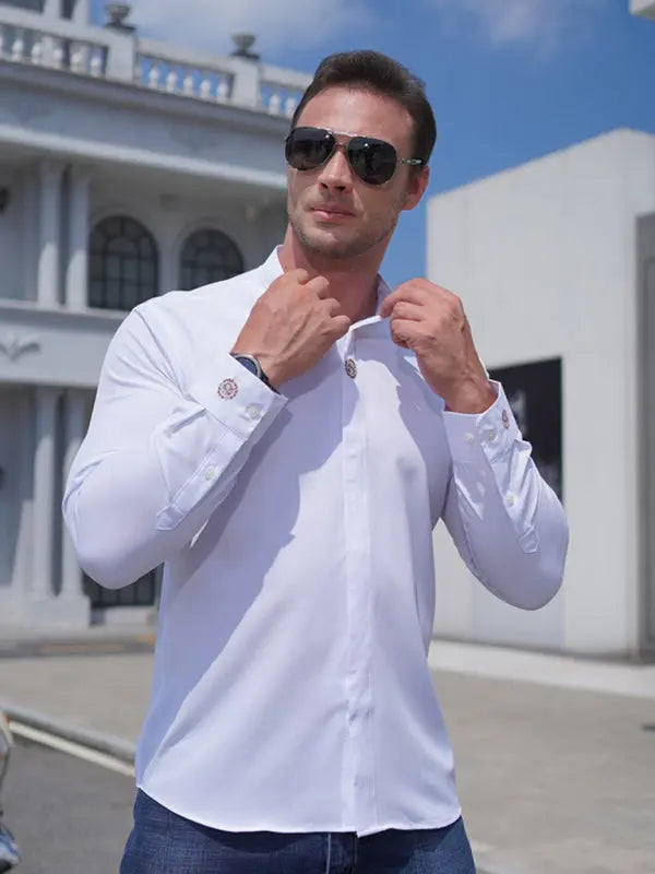 Men's elastic loose casual solid color embroidery long-sleeved shirt - Ladoj