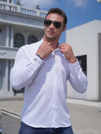 Men's elastic loose casual solid color embroidery long-sleeved shirt - Ladoj