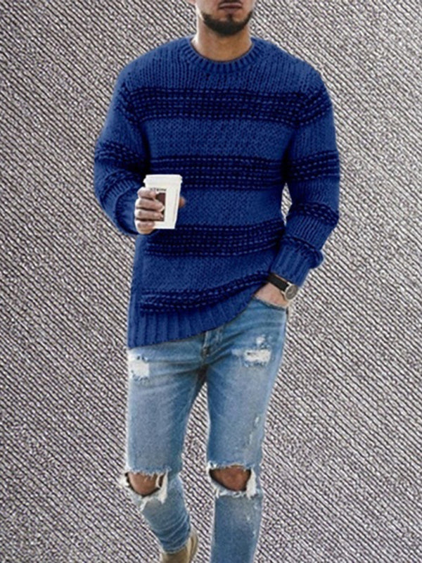 Men's fitted striped round neck long sleeve knitted sweater Image secondaire du produit