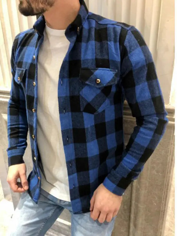 Men's Retro Casual Plaid Long Sleeve Lapel Shirt - Ladoj