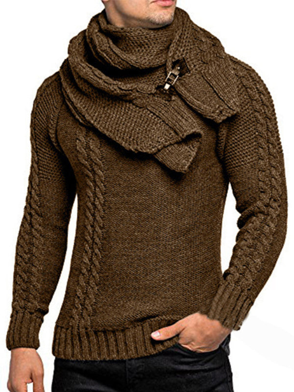 Men's fashionable scarf pullover solid color twist knitted sweater top Image secondaire du produit