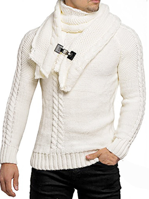 Men's fashionable scarf pullover solid color twist knitted sweater top Image principale du produit