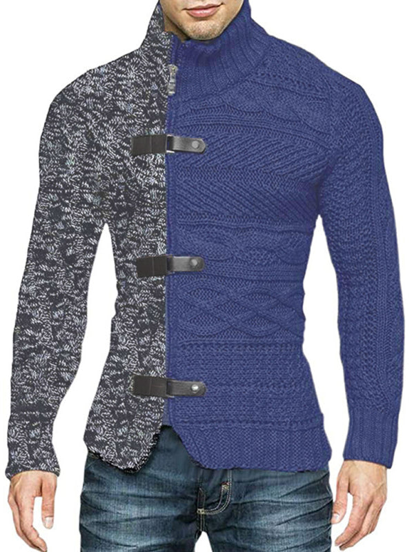 Men's high -necked color skin buckle long -sleeved knit sweater cardigan Image secondaire du produit