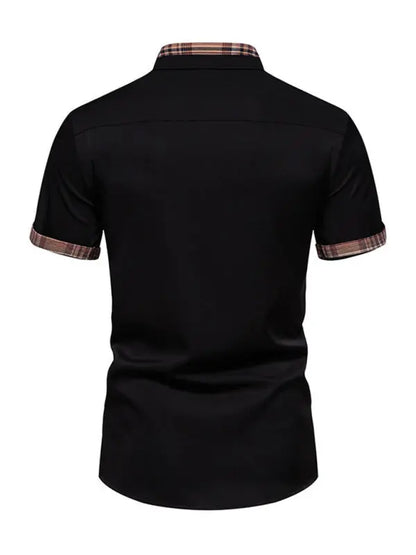 Men's Casual Collar Buttoned Plaid Color Block Short Sleeve Shirt - Ladoj