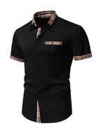 Men's Casual Collar Buttoned Plaid Color Block Short Sleeve Shirt - Ladoj