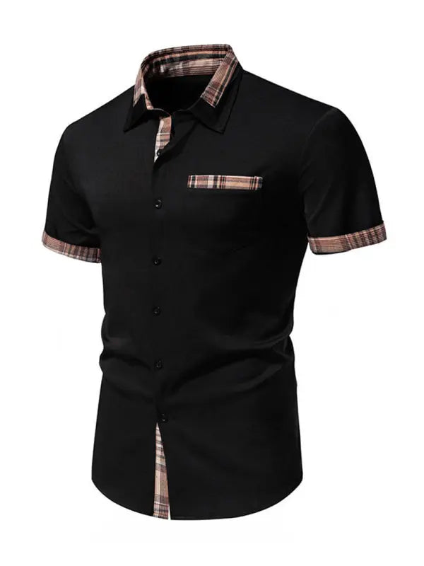 Men's Casual Collar Buttoned Plaid Color Block Short Sleeve Shirt - Ladoj