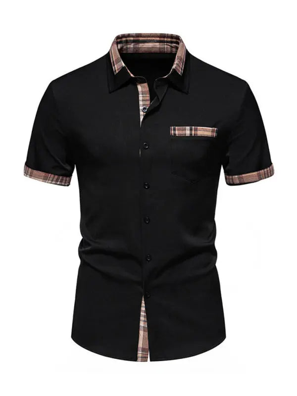 Men's Casual Collar Buttoned Plaid Color Block Short Sleeve Shirt - Ladoj