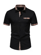 Men's Casual Collar Buttoned Plaid Color Block Short Sleeve Shirt - Ladoj
