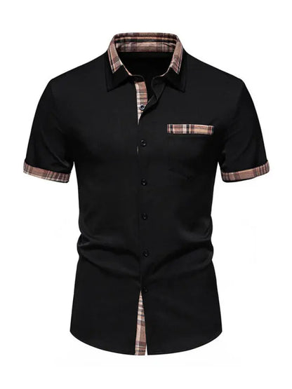 Men's Casual Collar Buttoned Plaid Color Block Short Sleeve Shirt - Ladoj
