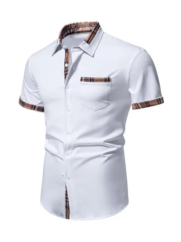 Men's Casual Collar Buttoned Plaid Color Block Short Sleeve Shirt - Ladoj