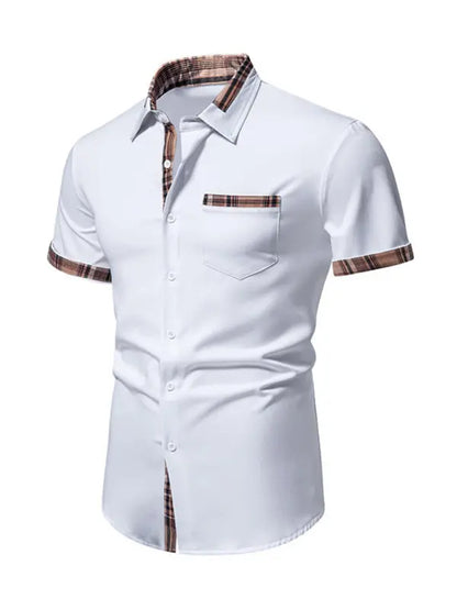 Men's Casual Collar Buttoned Plaid Color Block Short Sleeve Shirt - Ladoj
