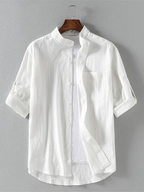 Men's casual solid color stand collar short sleeve shirt - Ladoj