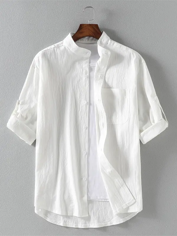 Men's casual solid color stand collar short sleeve shirt - Ladoj