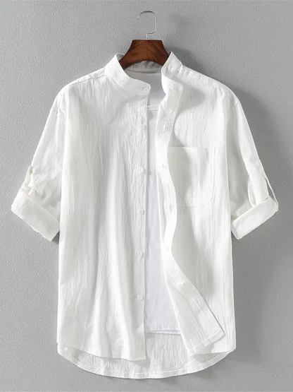 Men's casual solid color stand collar short sleeve shirt - Ladoj