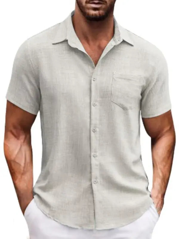 Nouvelle chemise décontractée à manches courtes et poches à revers de couleur unie pour hommes  Image secondaire du produit