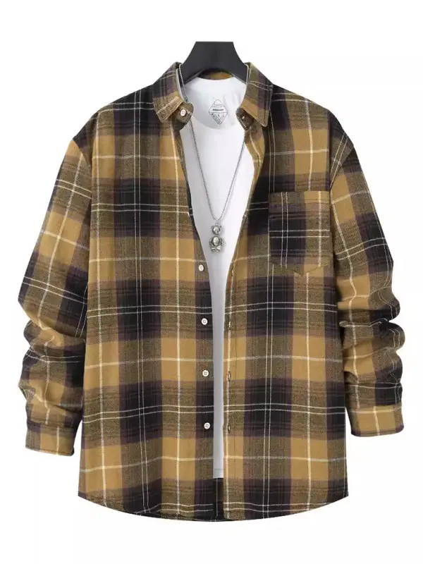 Men's brushed thin plaid long-sleeved casual shirt - Ladoj