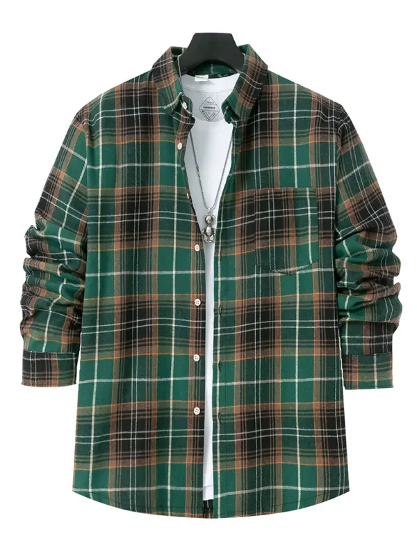 Men's brushed thin plaid long-sleeved casual shirt - Ladoj