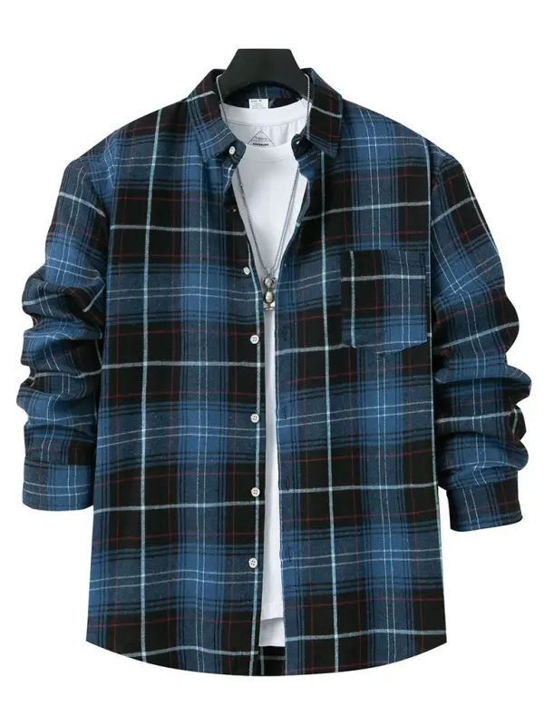 Men's brushed thin plaid long-sleeved casual shirt - Ladoj