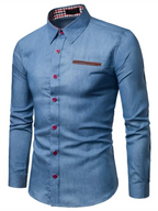 Men's Casual Shirt Pocket Patchwork Leather Long Sleeve Shirt - Ladoj