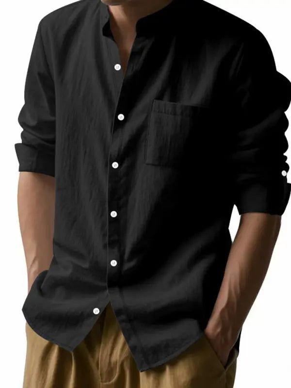 Linen long-sleeved stand-up collar breathable casual men's shirt - Ladoj