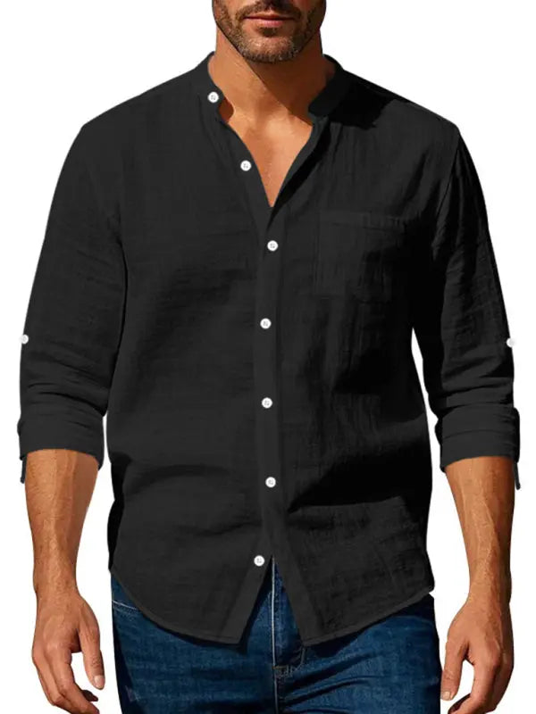 Linen long-sleeved stand-up collar breathable casual men's shirt - Ladoj