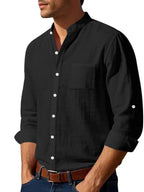 Linen long-sleeved stand-up collar breathable casual men's shirt - Ladoj