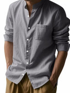 Linen long-sleeved stand-up collar breathable casual men's shirt - Ladoj