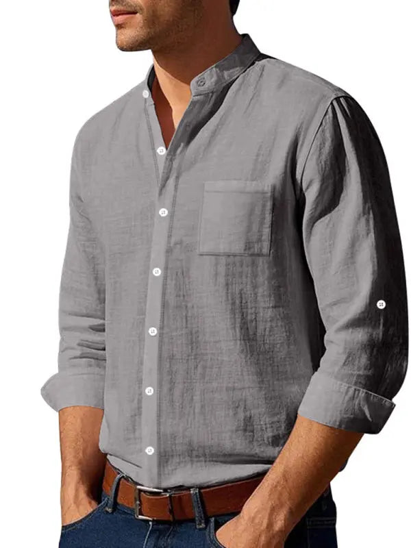 Linen long-sleeved stand-up collar breathable casual men's shirt - Ladoj