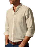 Linen long-sleeved stand-up collar breathable casual men's shirt - Ladoj