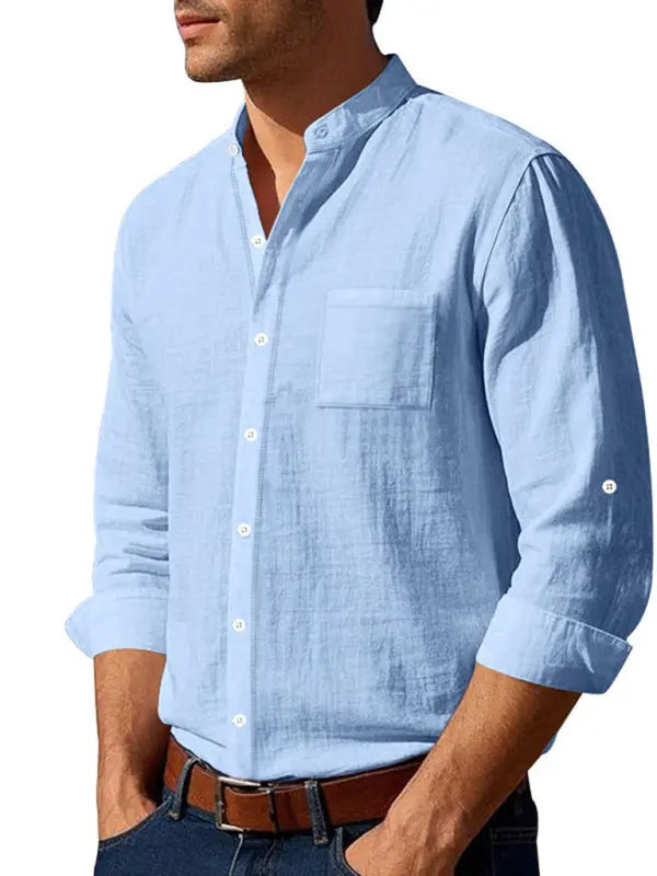 Linen long-sleeved stand-up collar breathable casual men's shirt - Ladoj