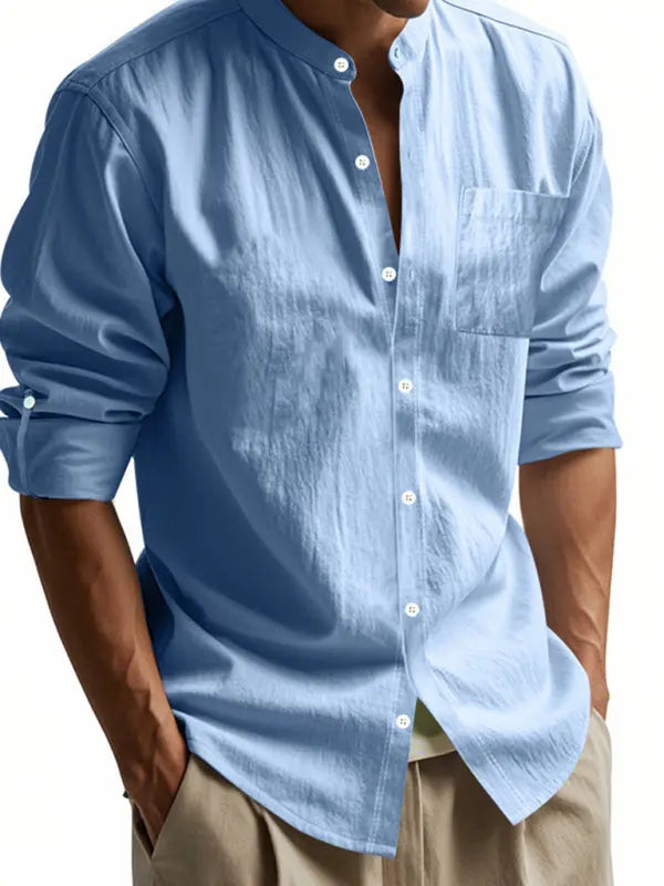 Linen long-sleeved stand-up collar breathable casual men's shirt - Ladoj