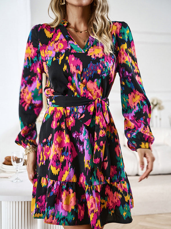 Temperament and elegant V-neck printed waist dress with belt