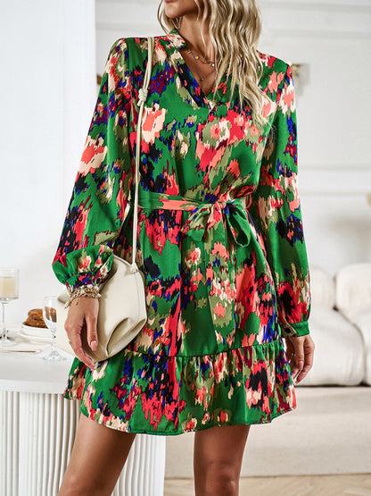 Temperament and elegant V-neck printed waist dress with belt