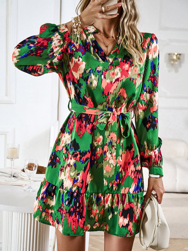 Temperament and elegant V-neck printed waist dress with belt