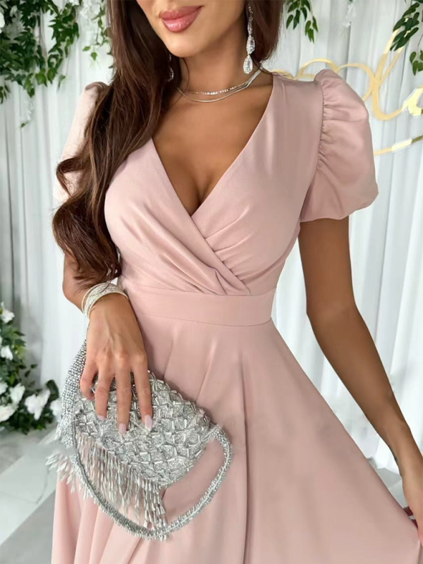 Nouvelle robe trapèze unie à col en V et manches bouffantes 