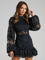Long Sleeve Waist Gown Short A-line Ruffle Hollow Lace Dresses