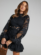 Long Sleeve Waist Gown Short A-line Ruffle Hollow Lace Dresses