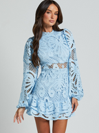 Long Sleeve Waist Gown Short A-line Ruffle Hollow Lace Dresses